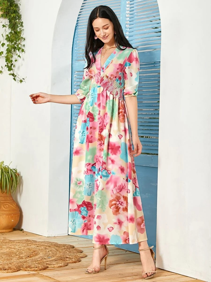 CM-DS604307 Women Trendy Bohemian Style Floral Print Shirred Detail A-Line Long Dress