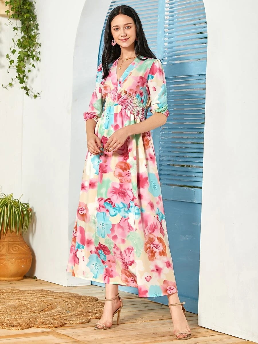 CM-DS604307 Women Trendy Bohemian Style Floral Print Shirred Detail A-Line Long Dress