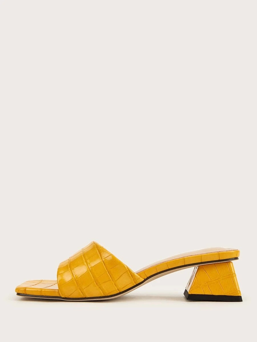 CM-SHS622003 Women Trendy Seoul Style Open Toe Croc Embossed Chunky Heeled Mules - Yellow
