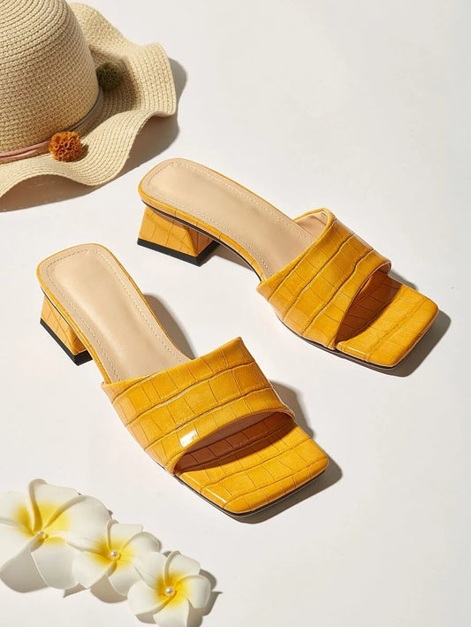 CM-SHS622003 Women Trendy Seoul Style Open Toe Croc Embossed Chunky Heeled Mules - Yellow