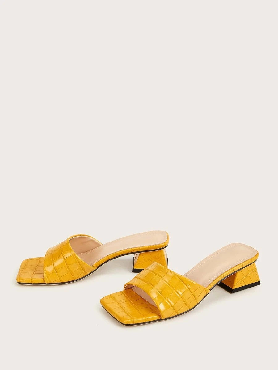 CM-SHS622003 Women Trendy Seoul Style Open Toe Croc Embossed Chunky Heeled Mules - Yellow
