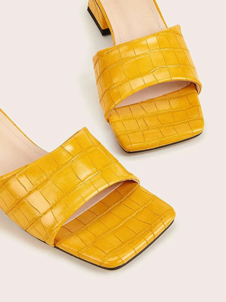 CM-SHS622003 Women Trendy Seoul Style Open Toe Croc Embossed Chunky Heeled Mules - Yellow