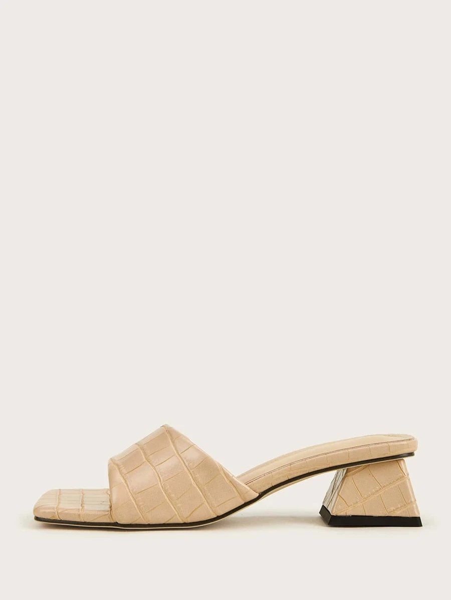 CM-SHS622763 Women Trendy Seoul Style Open Toe Croc Embossed Chunky Heeled Mules - Apricot