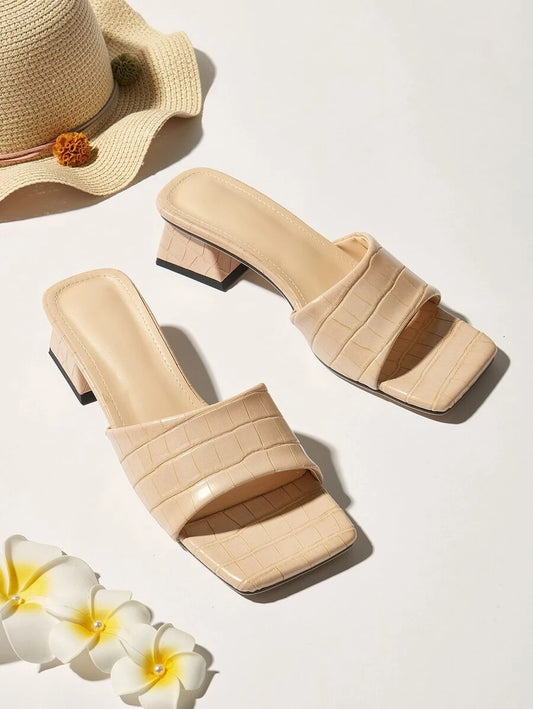 CM-SHS622763 Women Trendy Seoul Style Open Toe Croc Embossed Chunky Heeled Mules - Apricot