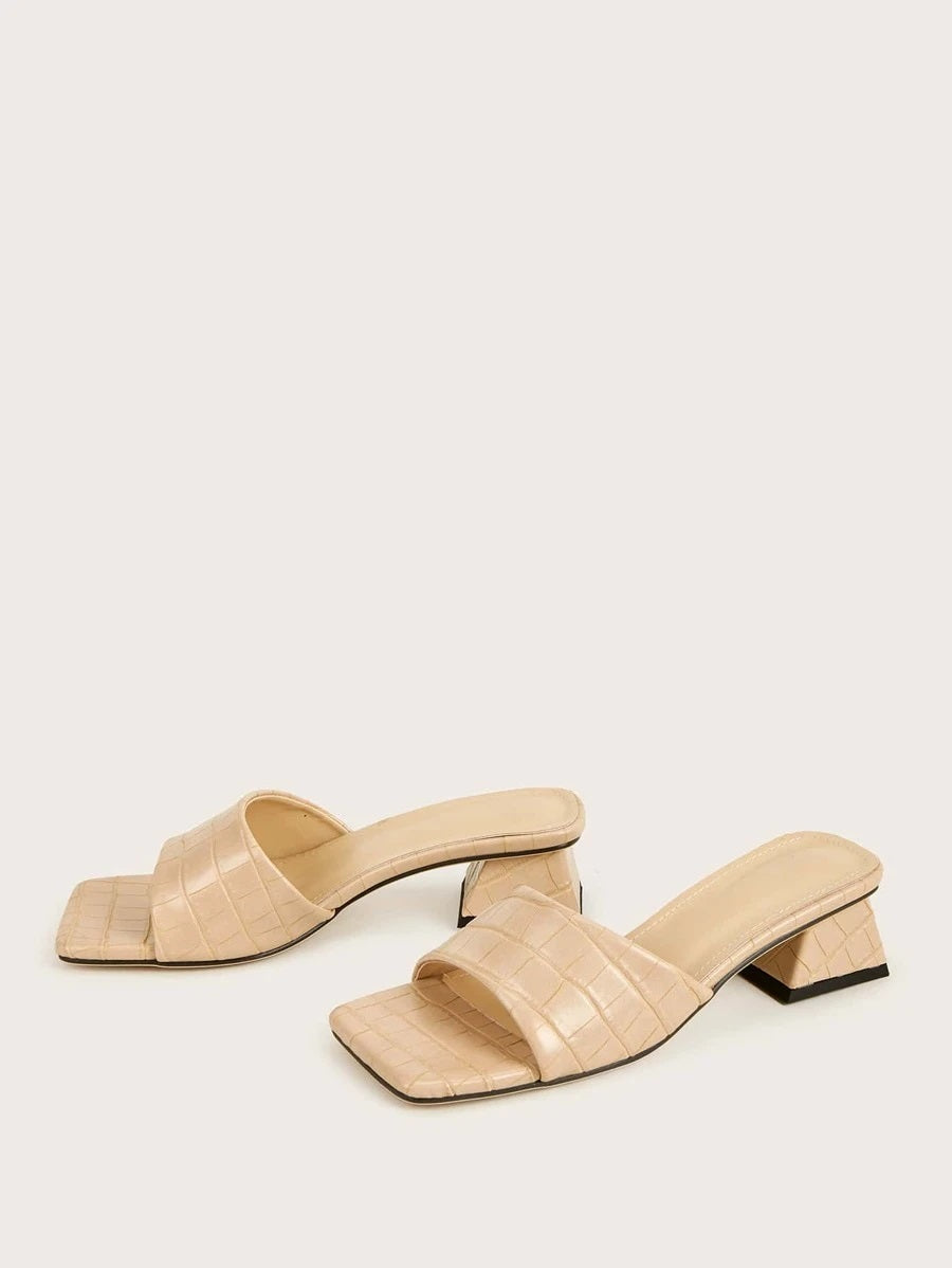 CM-SHS622763 Women Trendy Seoul Style Open Toe Croc Embossed Chunky Heeled Mules - Apricot