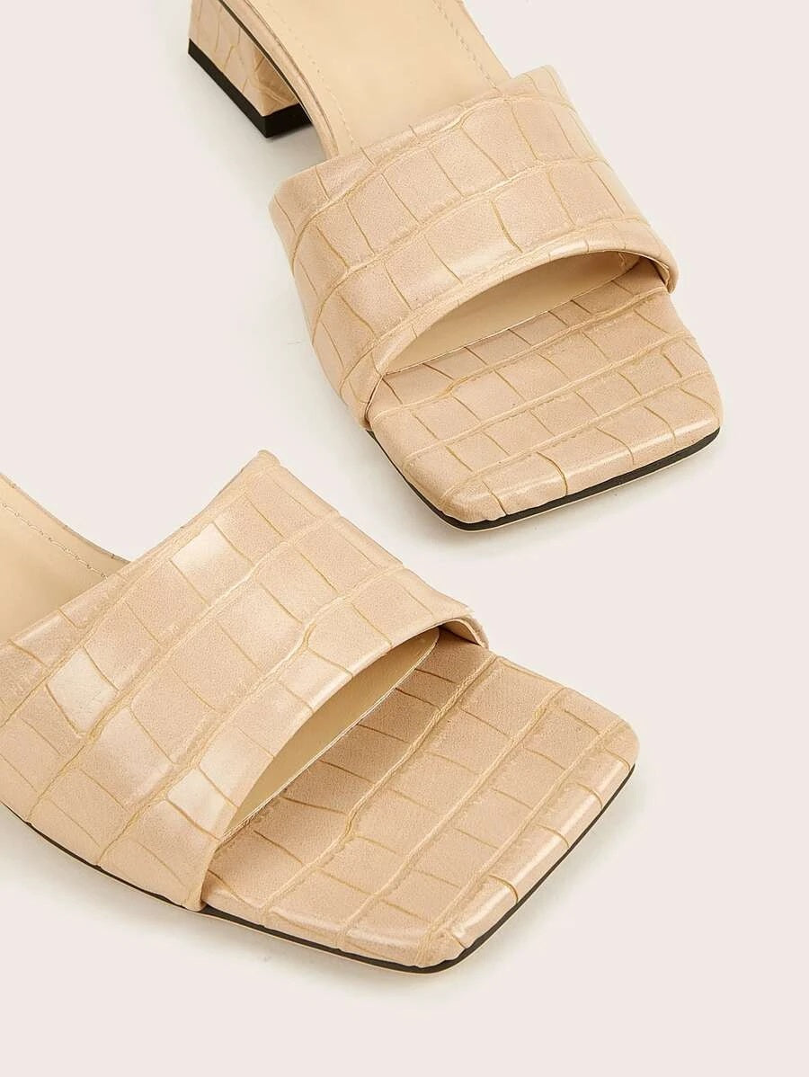 CM-SHS622763 Women Trendy Seoul Style Open Toe Croc Embossed Chunky Heeled Mules - Apricot