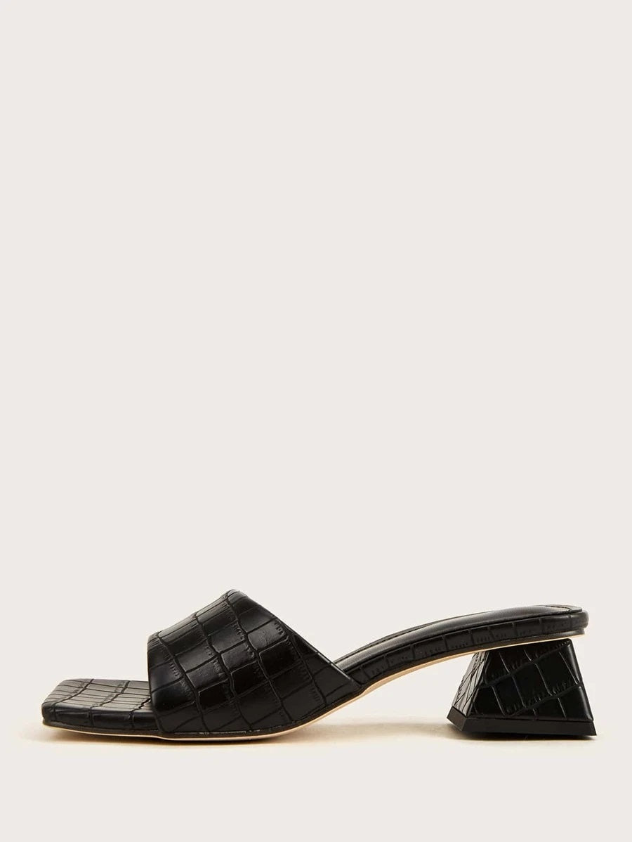 CM-SHS622422 Women Trendy Seoul Style Open Toe Croc Embossed Chunky Heeled Mules - Black