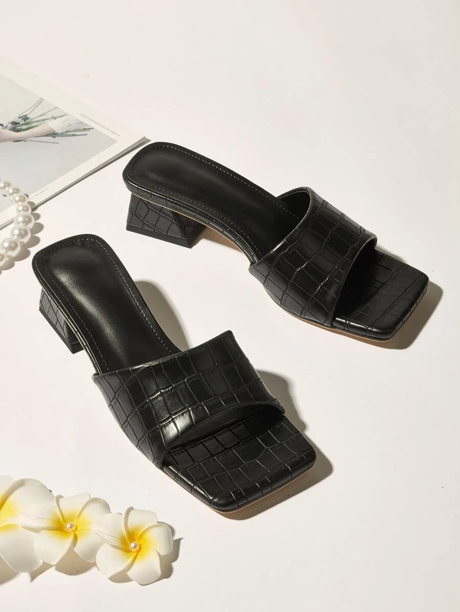 CM-SHS622422 Women Trendy Seoul Style Open Toe Croc Embossed Chunky Heeled Mules - Black