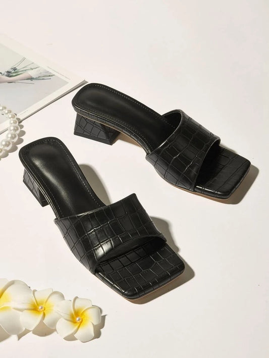 CM-SHS622422 Women Trendy Seoul Style Open Toe Croc Embossed Chunky Heeled Mules - Black