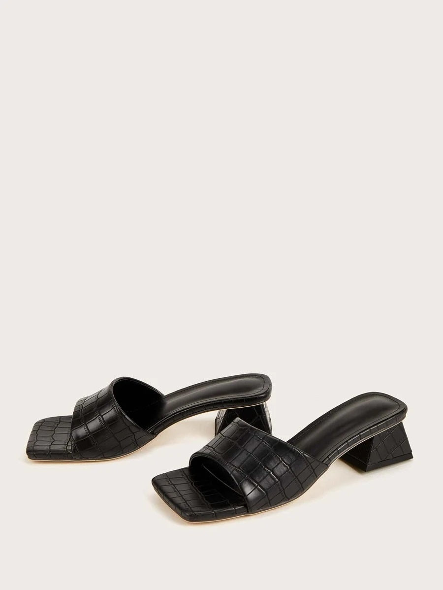 CM-SHS622422 Women Trendy Seoul Style Open Toe Croc Embossed Chunky Heeled Mules - Black