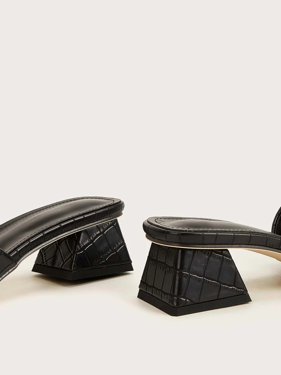 CM-SHS622422 Women Trendy Seoul Style Open Toe Croc Embossed Chunky Heeled Mules - Black