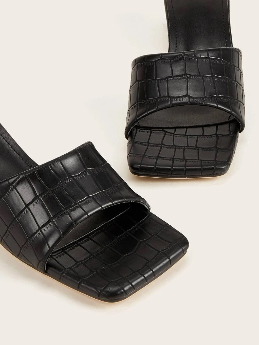 CM-SHS622422 Women Trendy Seoul Style Open Toe Croc Embossed Chunky Heeled Mules - Black