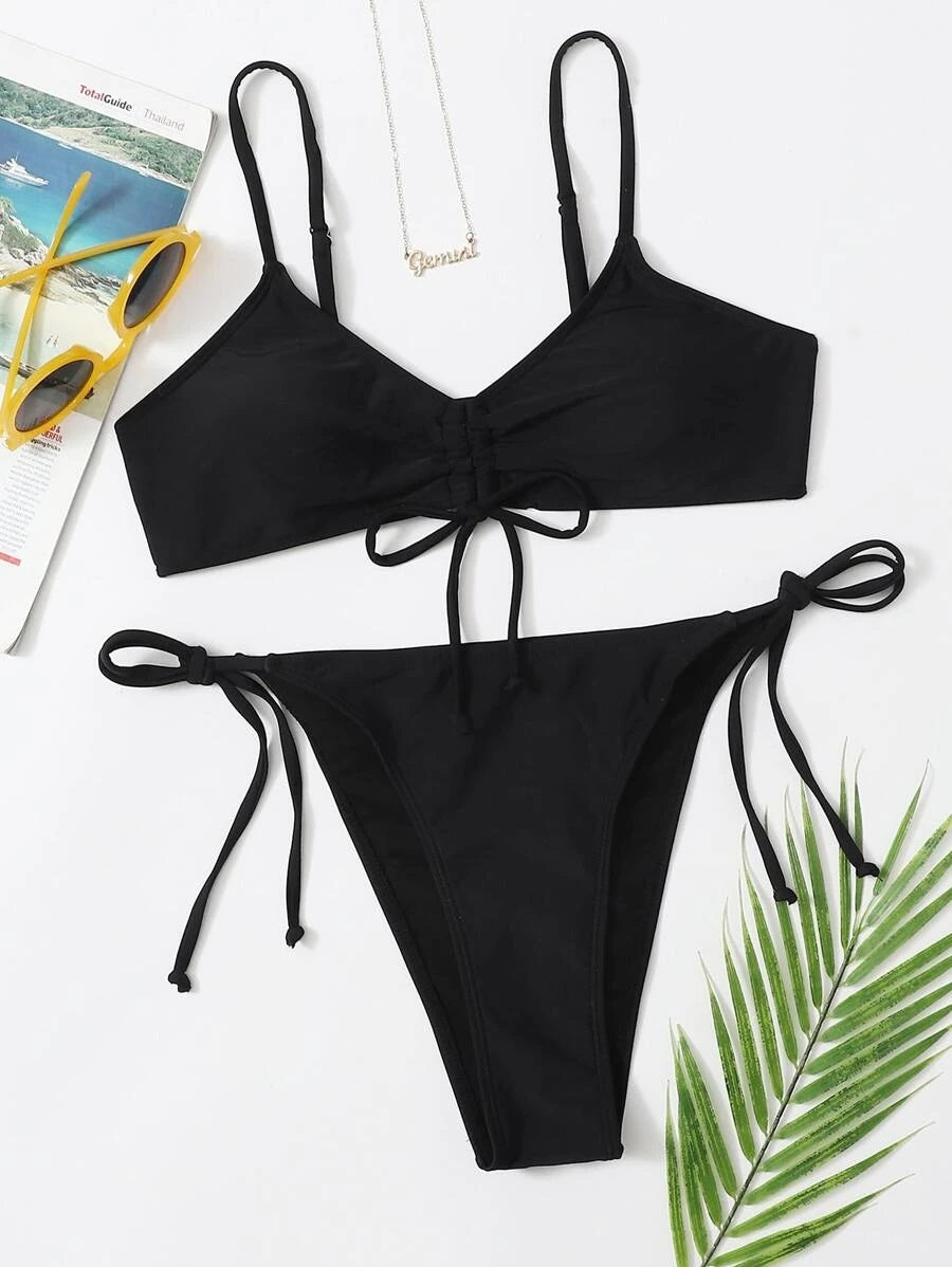 CM-SWS622711 Women Trendy Seoul Style Knot Front Tie Side Bikini Swimsuit - Black