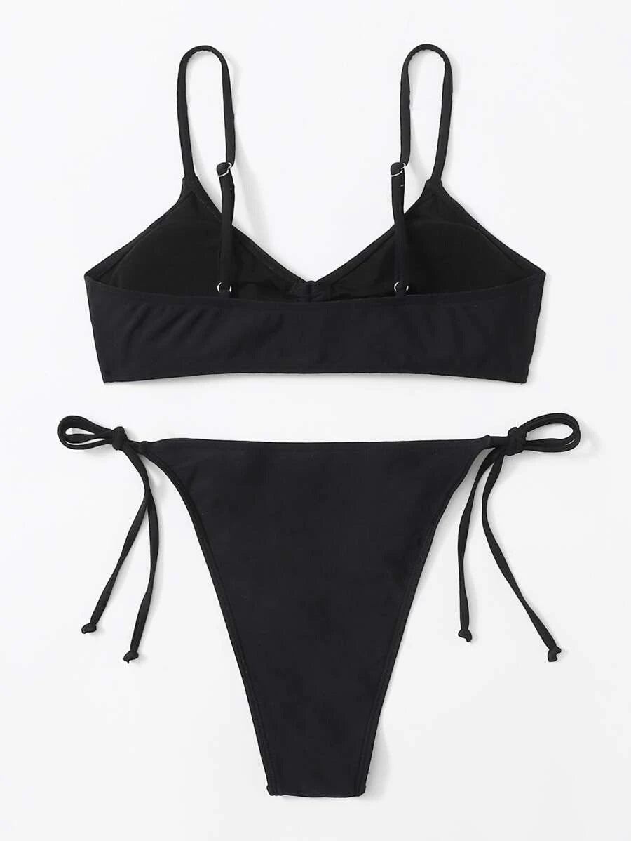 CM-SWS622711 Women Trendy Seoul Style Knot Front Tie Side Bikini Swimsuit - Black