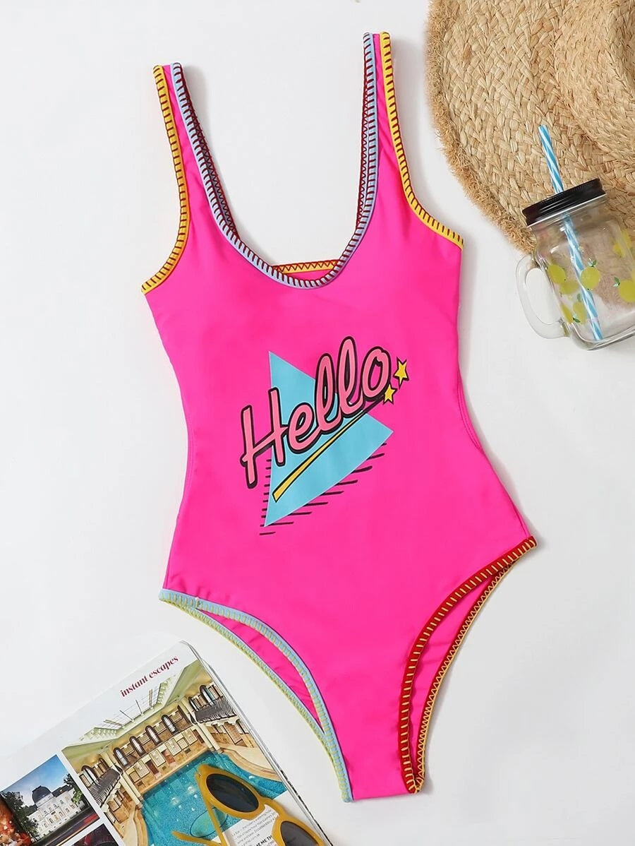 CM-SWS622437 Women Trendy Seoul Style Letter Graphic One Piece Swimsuit - Hot Pink