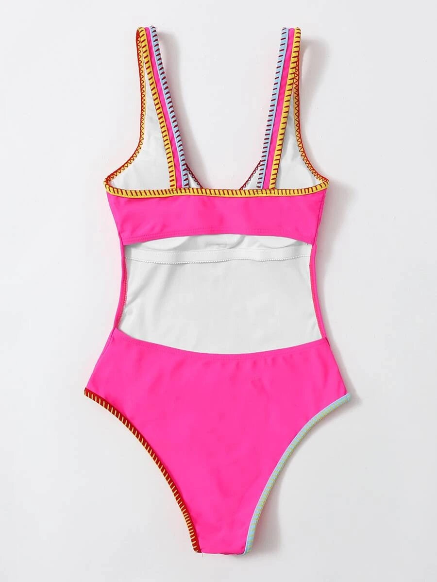 CM-SWS622437 Women Trendy Seoul Style Letter Graphic One Piece Swimsuit - Hot Pink