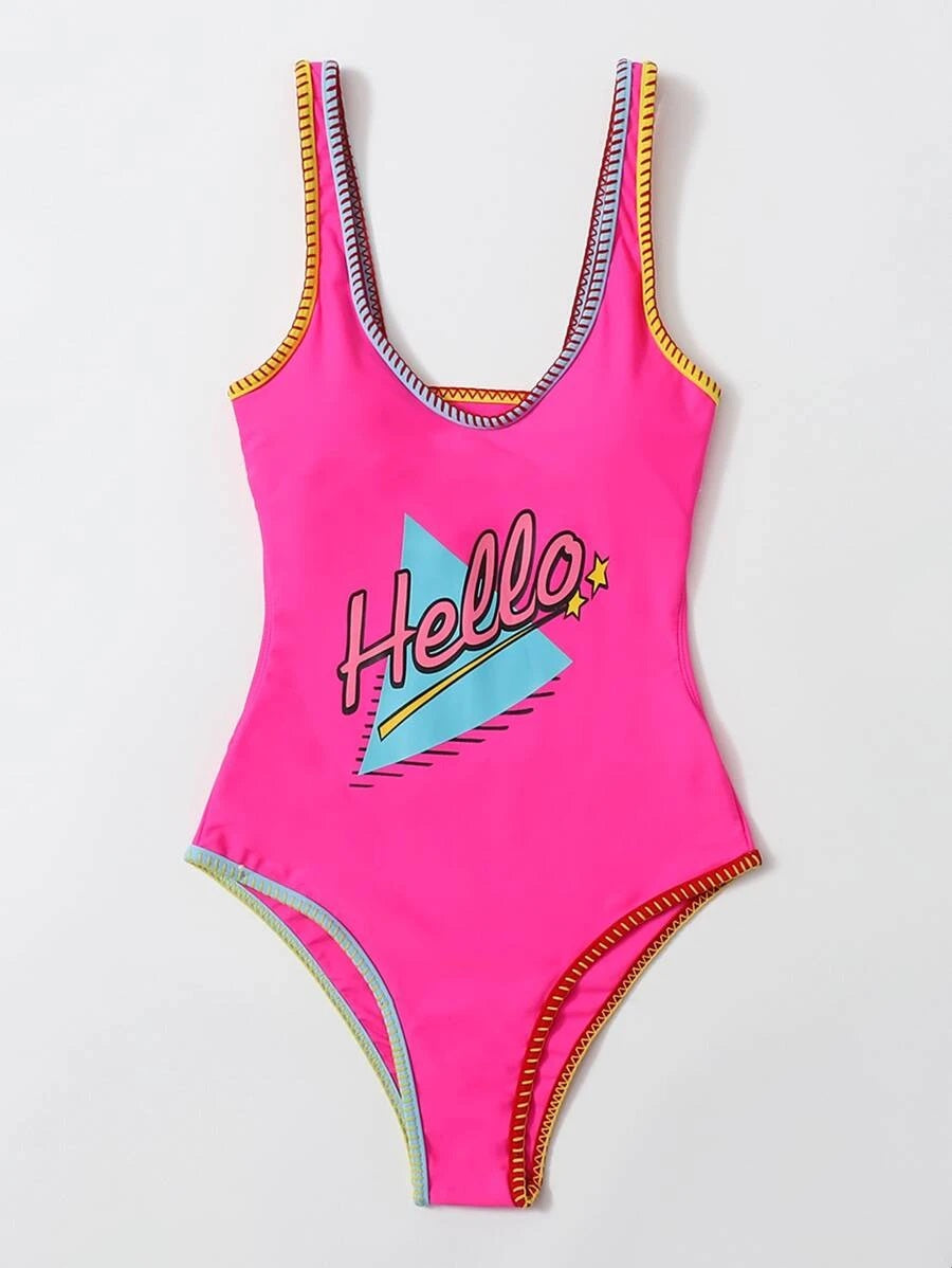 CM-SWS622437 Women Trendy Seoul Style Letter Graphic One Piece Swimsuit - Hot Pink