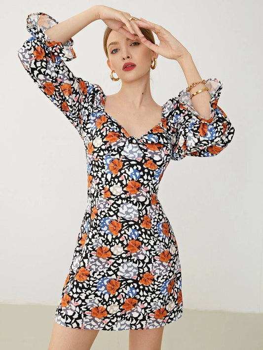 CM-DS610022 Women Casual Seoul Style Flounce Sleeve Gathered Front Floral Print Dress