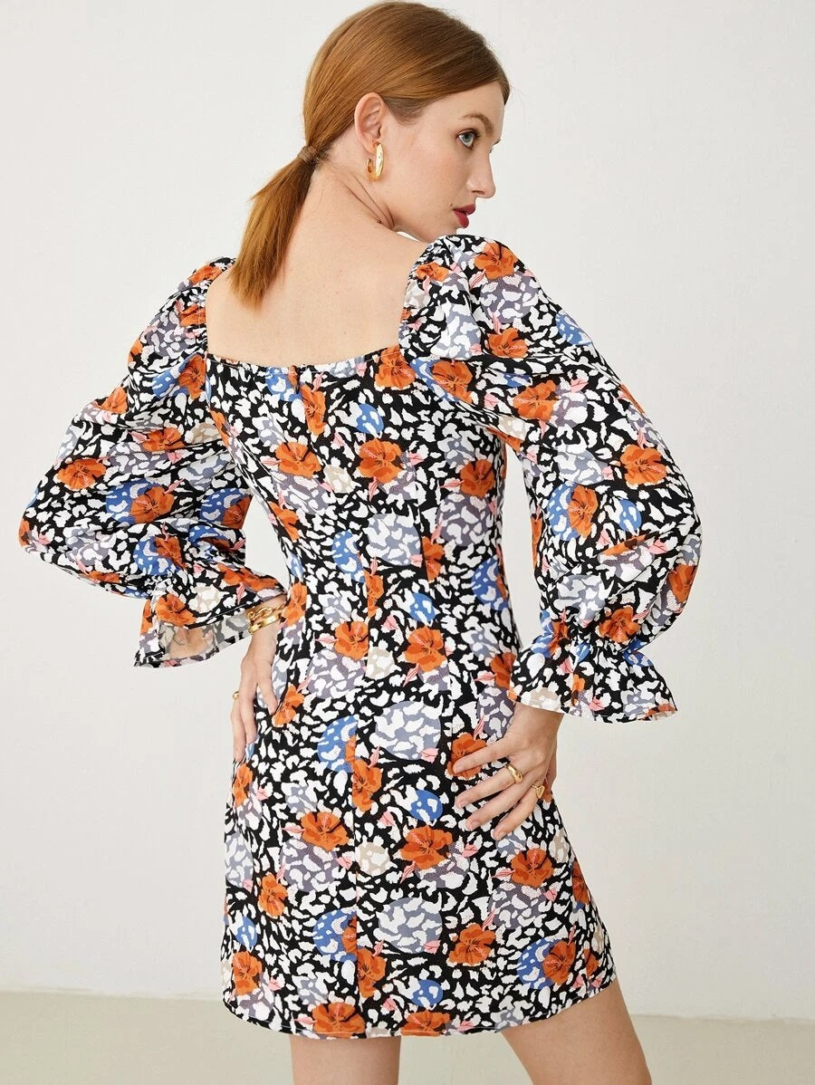 CM-DS610022 Women Casual Seoul Style Flounce Sleeve Gathered Front Floral Print Dress