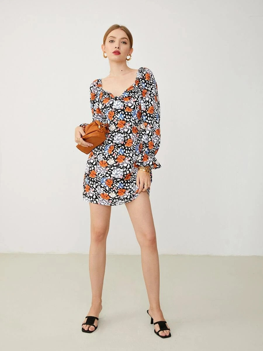 CM-DS610022 Women Casual Seoul Style Flounce Sleeve Gathered Front Floral Print Dress