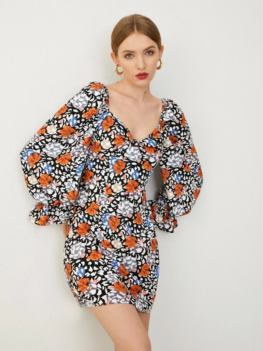 CM-DS610022 Women Casual Seoul Style Flounce Sleeve Gathered Front Floral Print Dress
