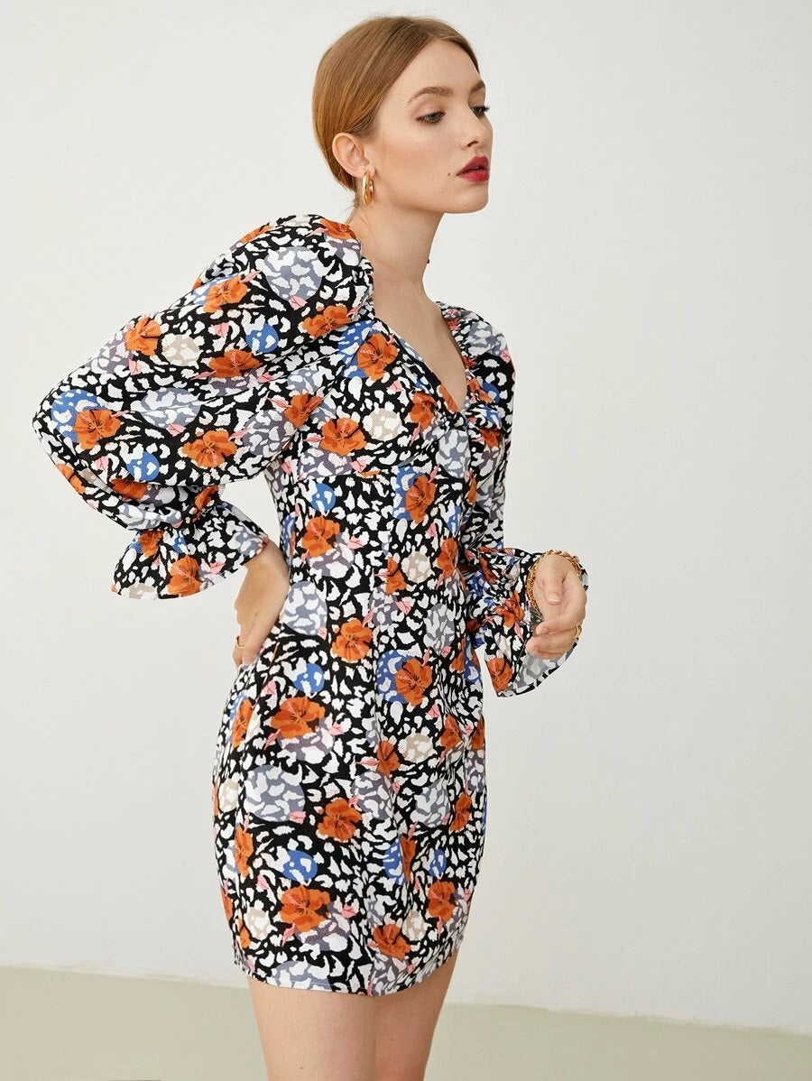 CM-DS610022 Women Casual Seoul Style Flounce Sleeve Gathered Front Floral Print Dress