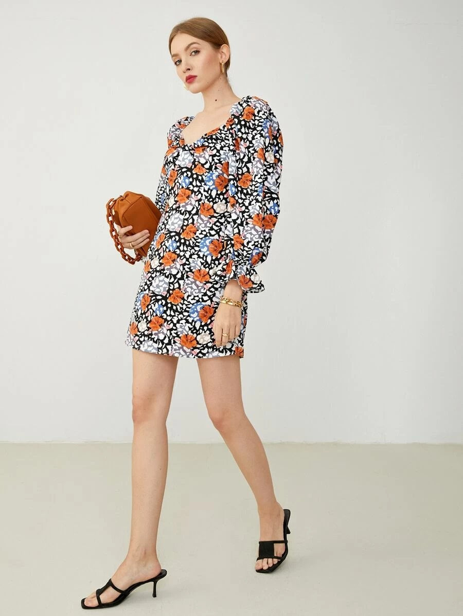 CM-DS610022 Women Casual Seoul Style Flounce Sleeve Gathered Front Floral Print Dress