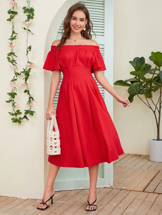 CM-DS617687 Women Elegant Seoul Style Bardot Shirred Flutter Sleeve A-Line Midi Dress - Red