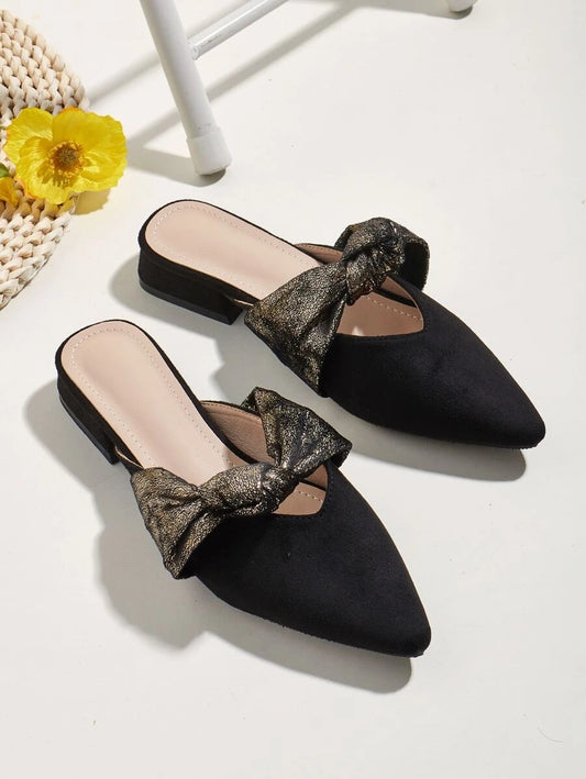 CM-SHS610691 Women Casual Seoul Style Bow Decor Flat Low Heel Mules - Black