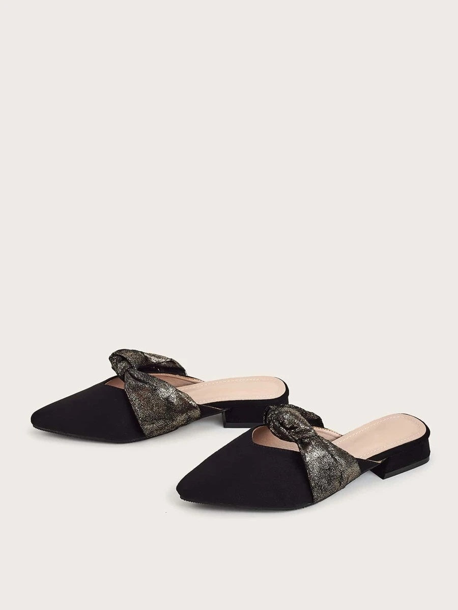 CM-SHS610691 Women Casual Seoul Style Bow Decor Flat Low Heel Mules - Black