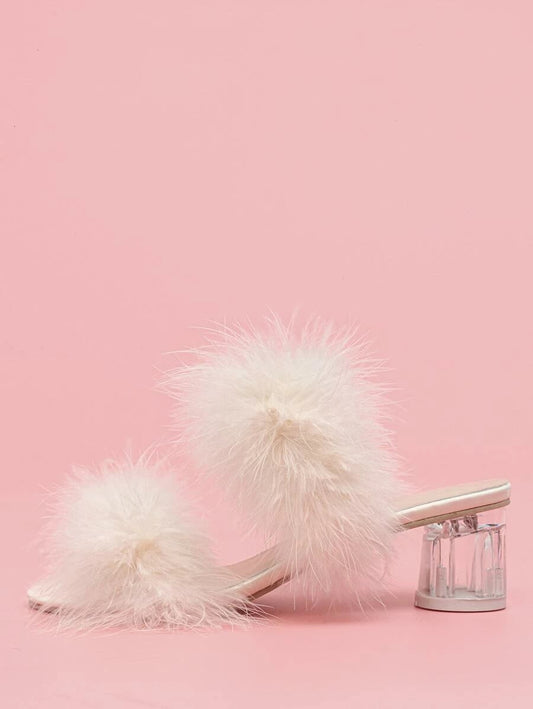 CM-SHS608356 Women Elegant Seoul Style Faux Fur Decor Chunky Heeled Sandals - Beige