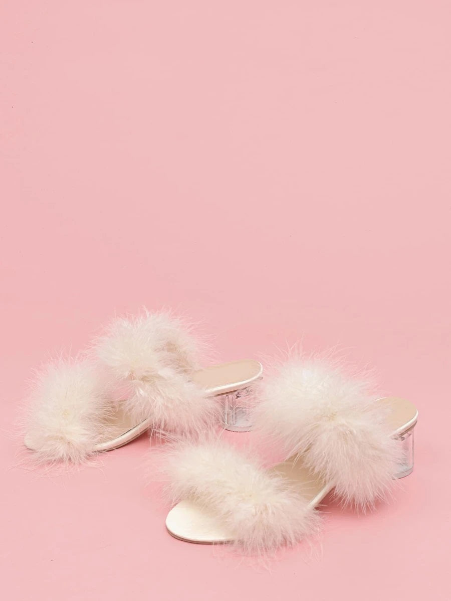 CM-SHS608356 Women Elegant Seoul Style Faux Fur Decor Chunky Heeled Sandals - Beige