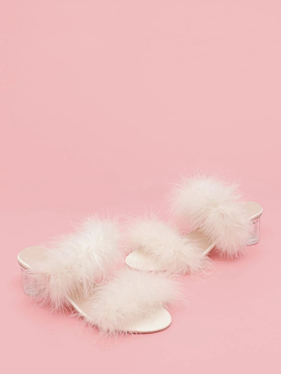 CM-SHS608356 Women Elegant Seoul Style Faux Fur Decor Chunky Heeled Sandals - Beige