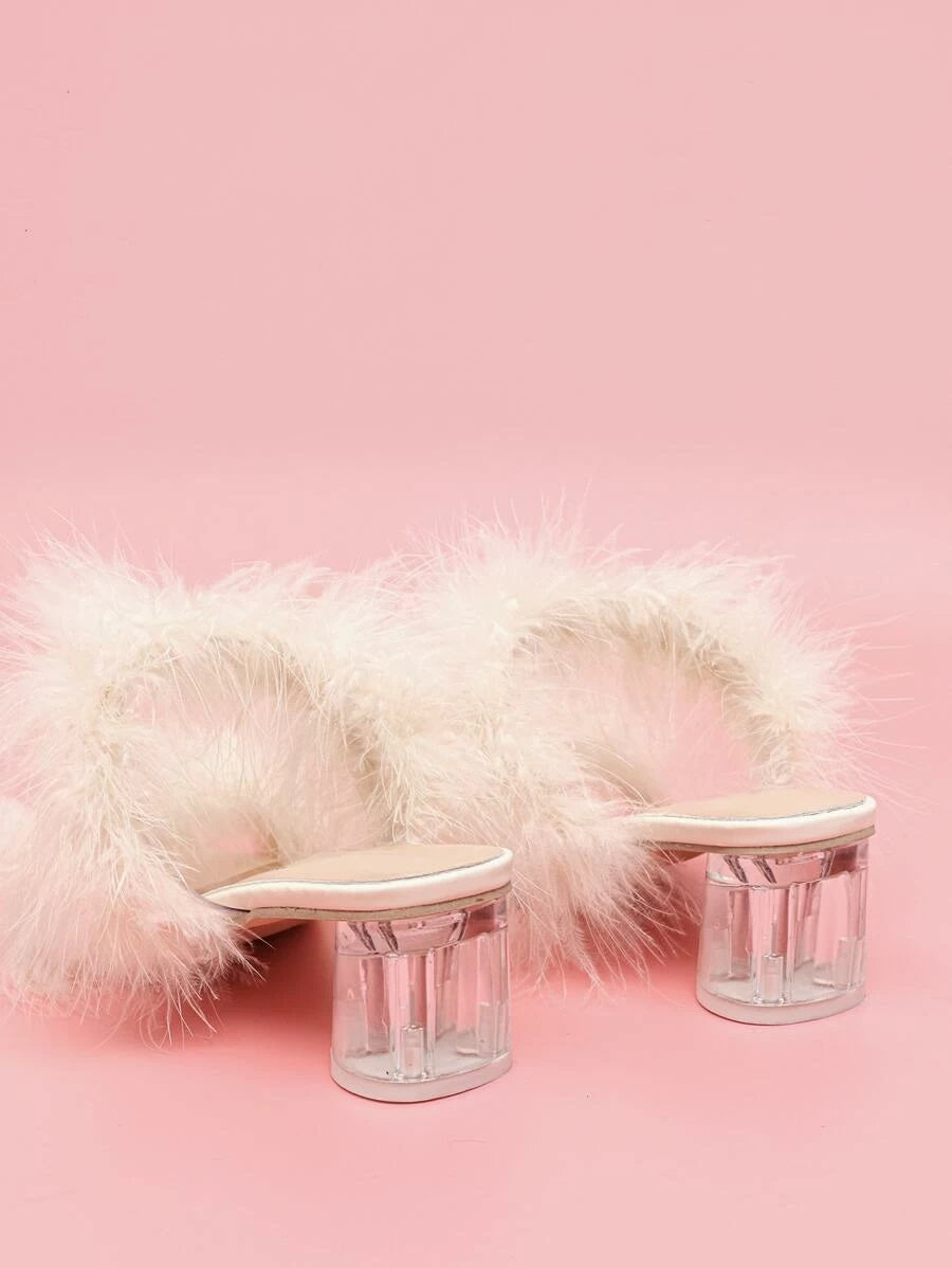 CM-SHS608356 Women Elegant Seoul Style Faux Fur Decor Chunky Heeled Sandals - Beige