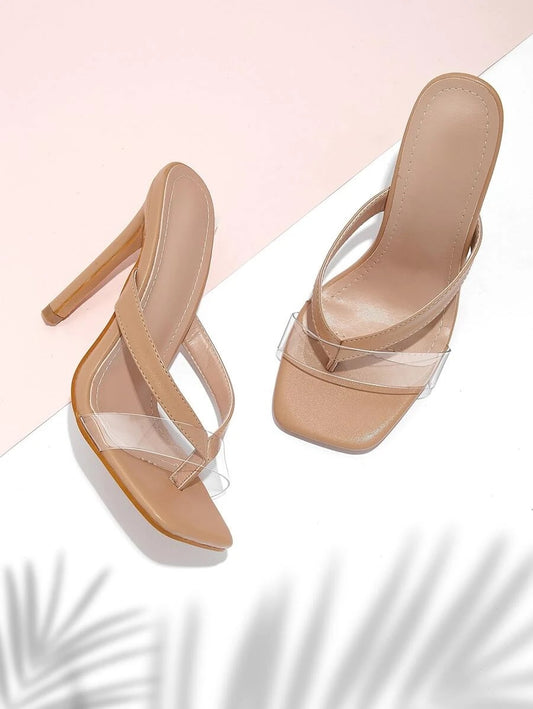 CM-SHS623920 Women Trendy Seoul Style Toe Post Stiletto Heeled Mules - Apricot