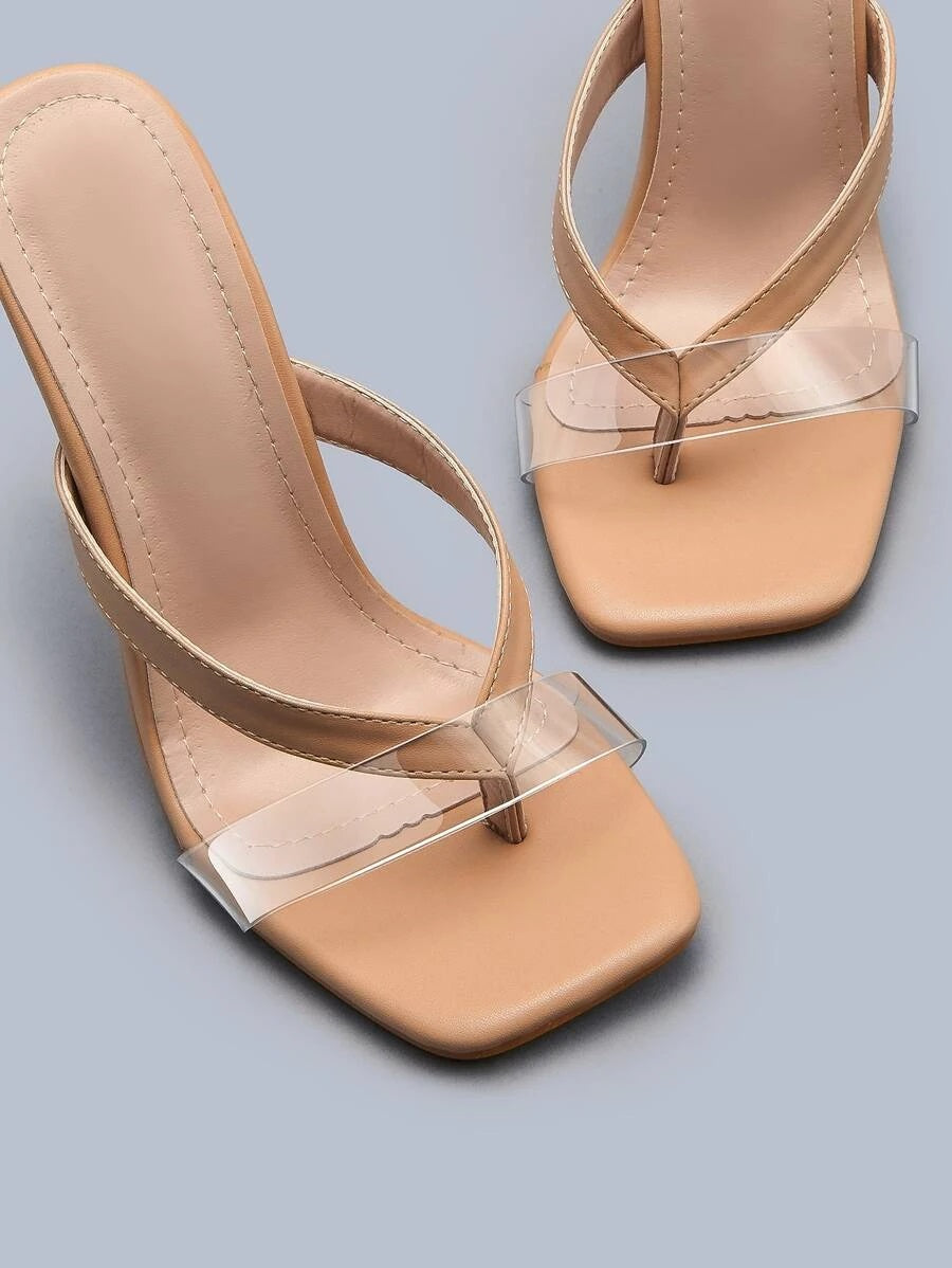 CM-SHS623920 Women Trendy Seoul Style Toe Post Stiletto Heeled Mules - Apricot
