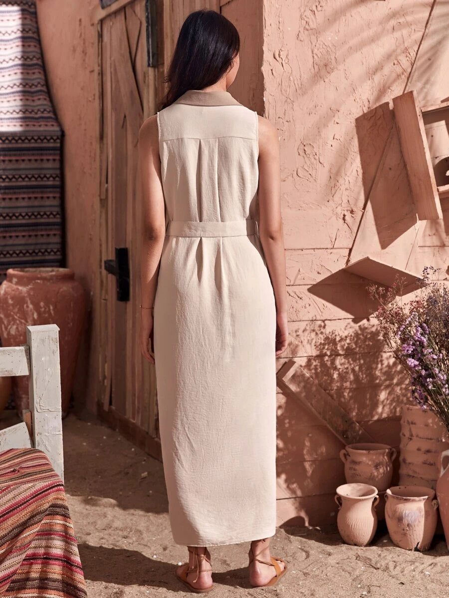 CM-DS611145 Women Elegant Seoul Style Sleeveless Flap Pocket Buckle Belted Dress