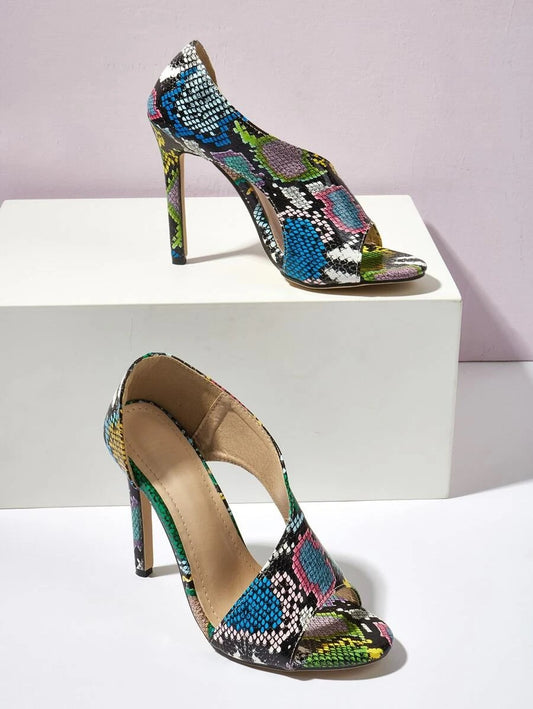 CM-SHS623810 Women Casual Seoul Style Snakeskin Print Asymmetrical Stiletto Heeled Sandals