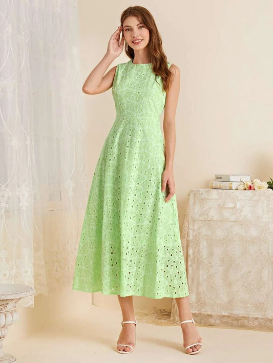 CM-DS610565 Women Trendy Bohemian Style Sleeveless Eyelet Embroidery Solid A-Line Dress