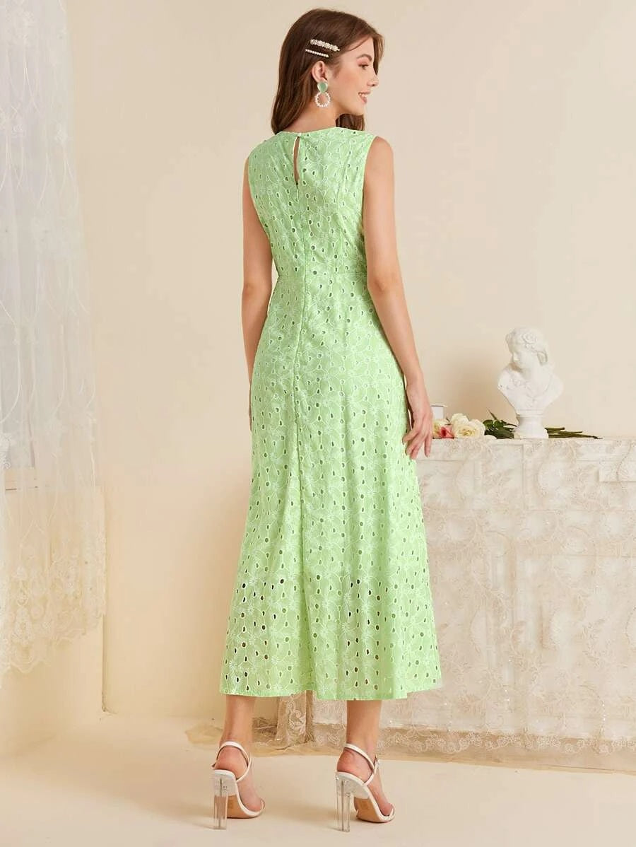 CM-DS610565 Women Trendy Bohemian Style Sleeveless Eyelet Embroidery Solid A-Line Dress