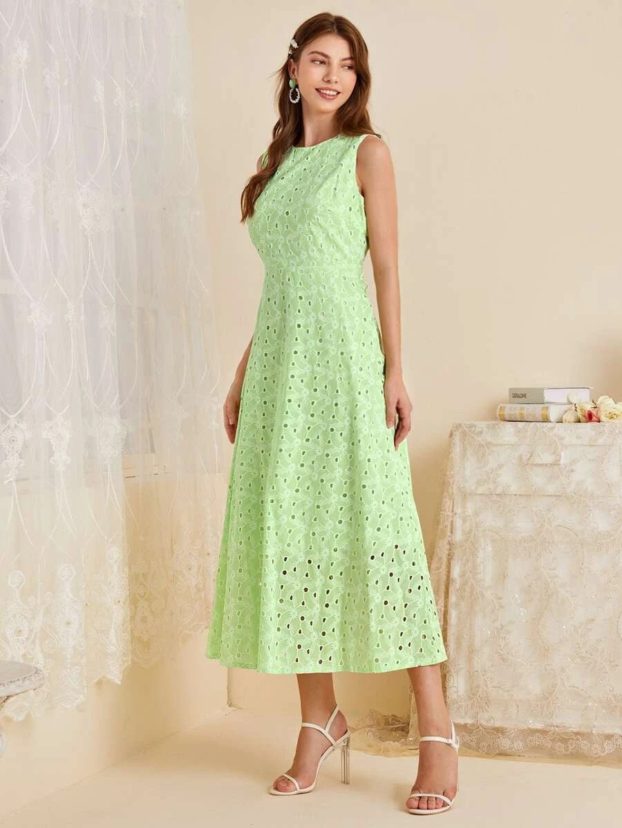 CM-DS610565 Women Trendy Bohemian Style Sleeveless Eyelet Embroidery Solid A-Line Dress