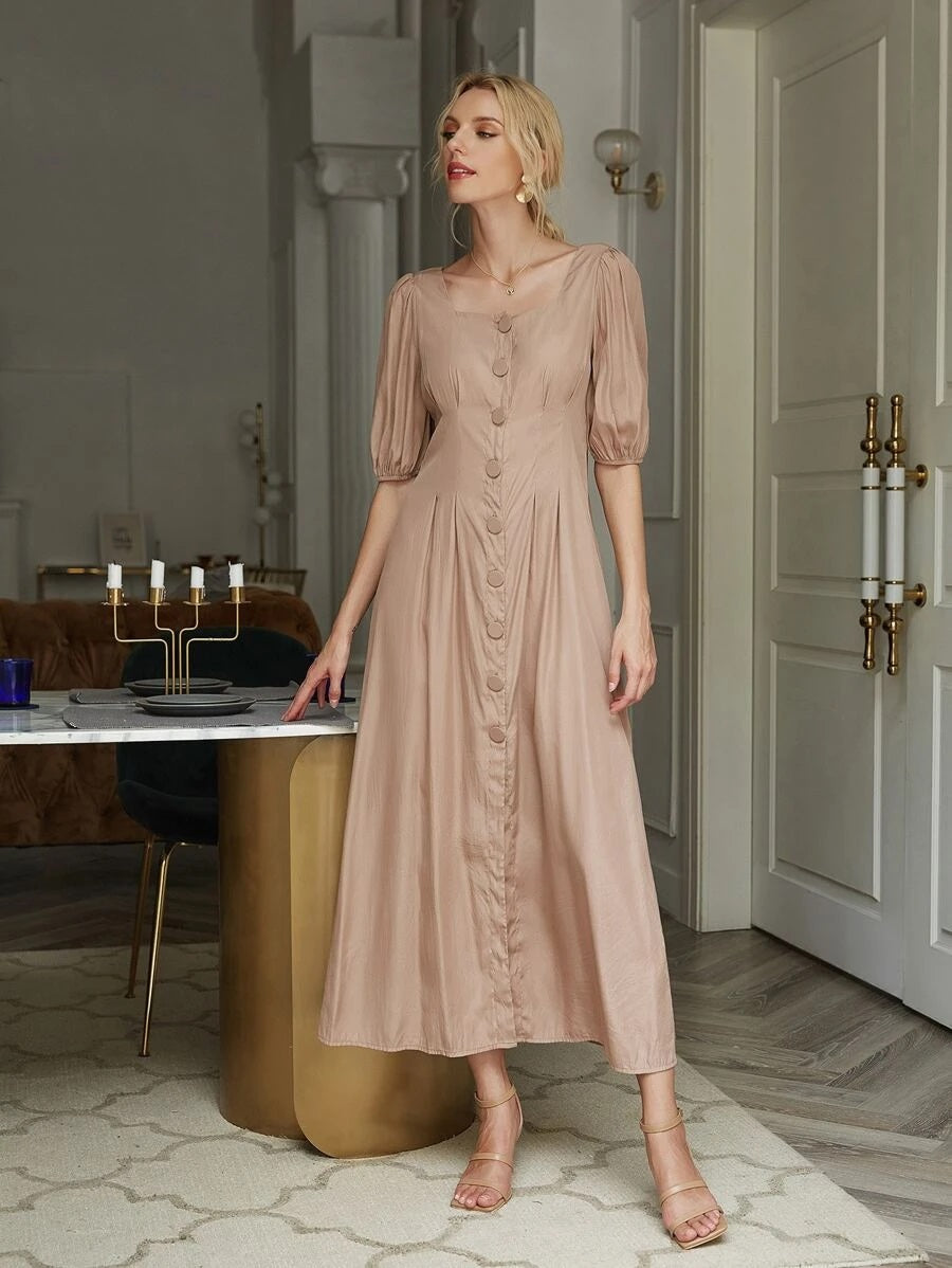 CM-DS529730 Women Casual Seoul Style Puff Sleeve Button Front A-Line Dress - Apricot