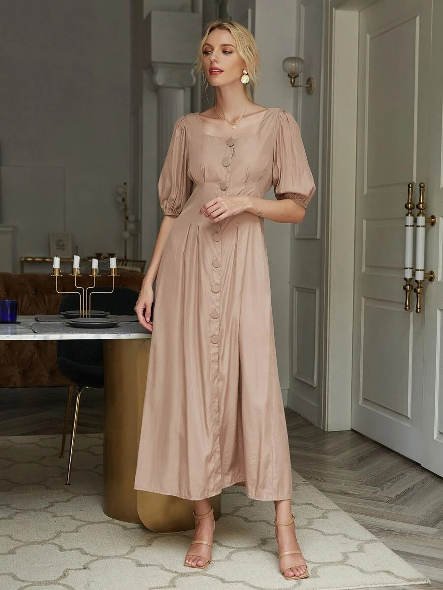 CM-DS529730 Women Casual Seoul Style Puff Sleeve Button Front A-Line Dress - Apricot