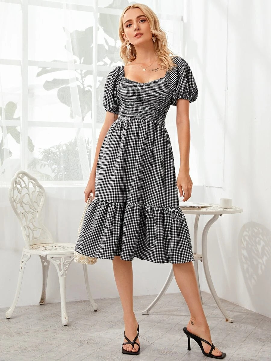 CM-DS617794 Women Casual Seoul Style Gingham Neck Shirred Waist Ruffle Hem Dress - Black