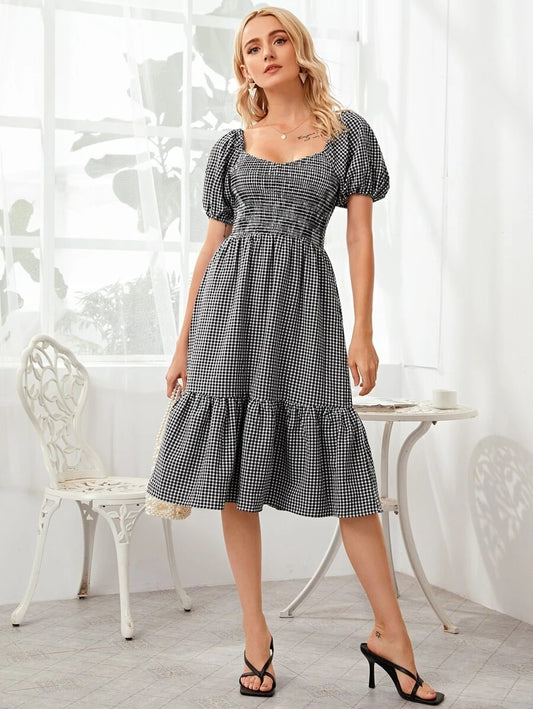 CM-DS617794 Women Casual Seoul Style Gingham Neck Shirred Waist Ruffle Hem Dress - Black
