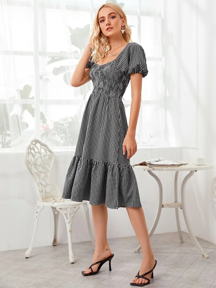 CM-DS617794 Women Casual Seoul Style Gingham Neck Shirred Waist Ruffle Hem Dress - Black