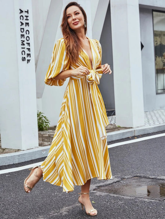 CM-DS624755 Women Trendy Bohemian Style Bishop Sleeve Tie Front Striped Dress - Yellow