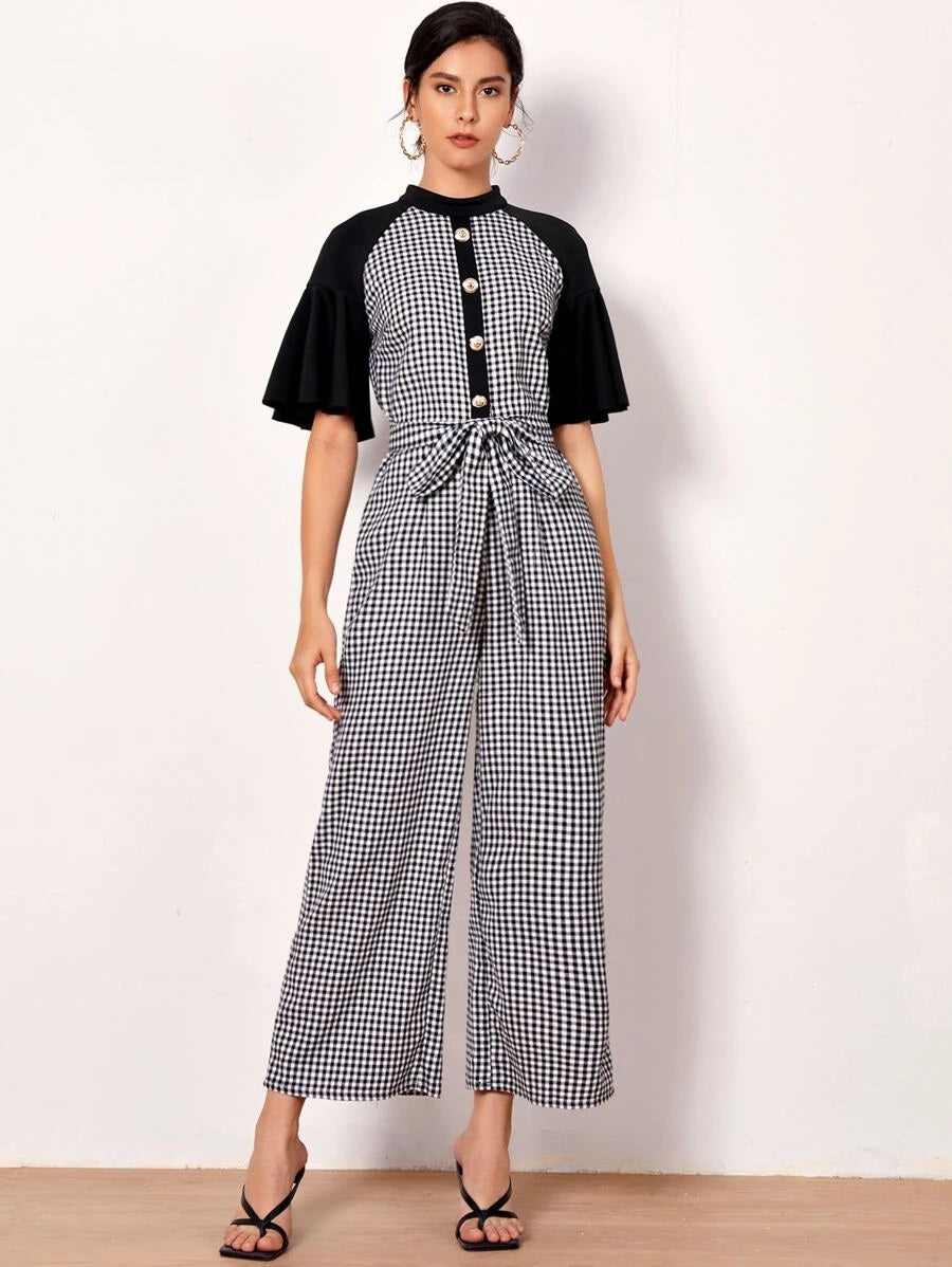 CM-JS622225 Women Casual Seoul Style Mock-Neck Raglan Flounce Sleeve Button Plaid Jumpsuit