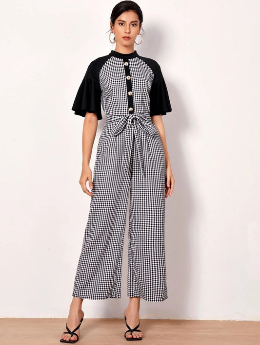 CM-JS622225 Women Casual Seoul Style Mock-Neck Raglan Flounce Sleeve Button Plaid Jumpsuit