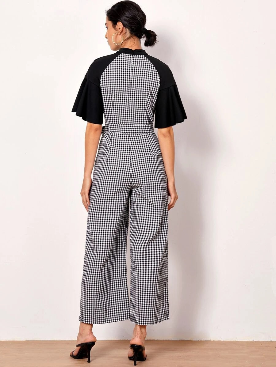 CM-JS622225 Women Casual Seoul Style Mock-Neck Raglan Flounce Sleeve Button Plaid Jumpsuit